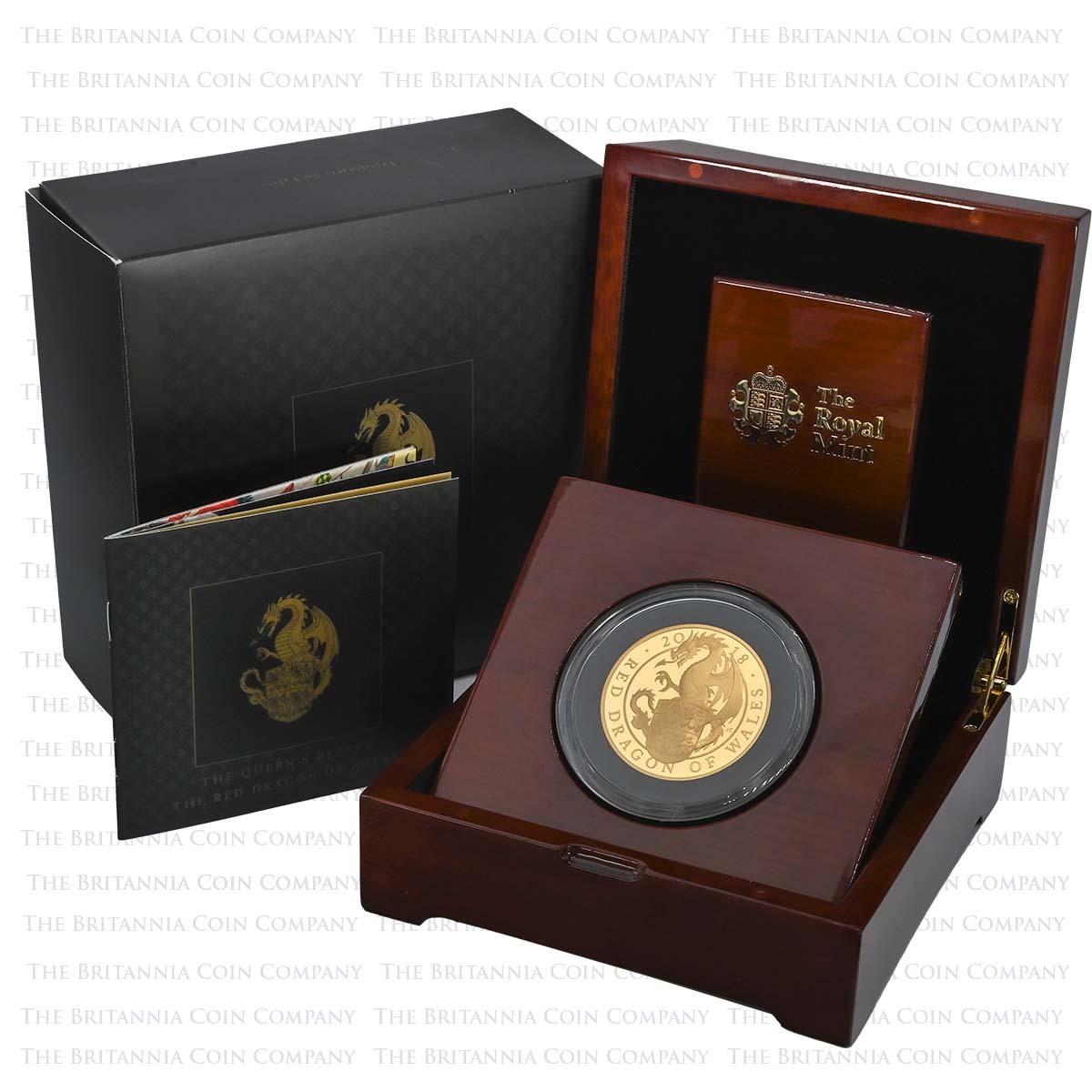 UK18QDG5 2018 Queen's Beasts Red Dragon Of Wales 5oz Gold Proof Coin Packaging
