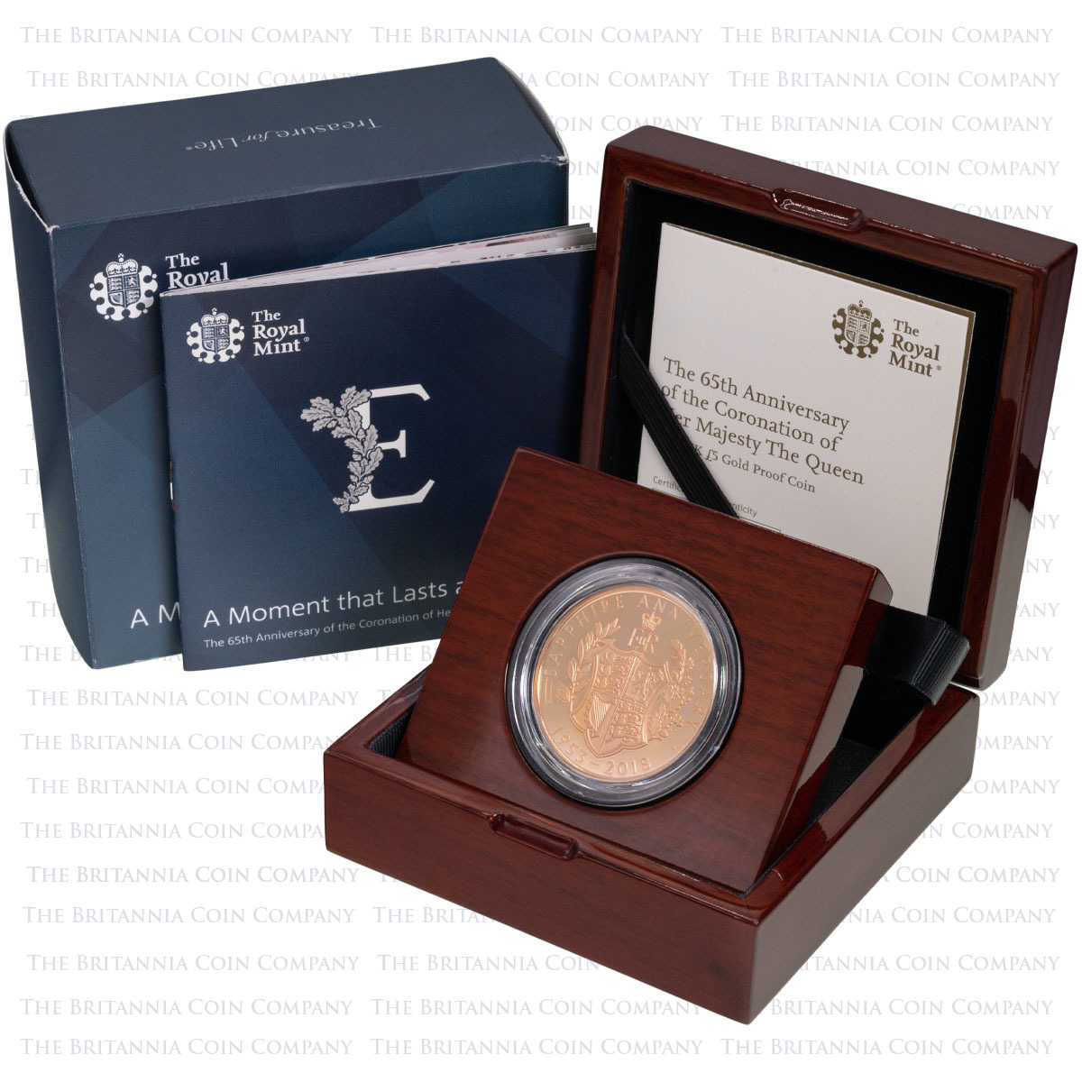 UK18SCGP 2018 Coronation 65th Sapphire Anniversary Five Pound Crown Gold Proof Coin Boxed