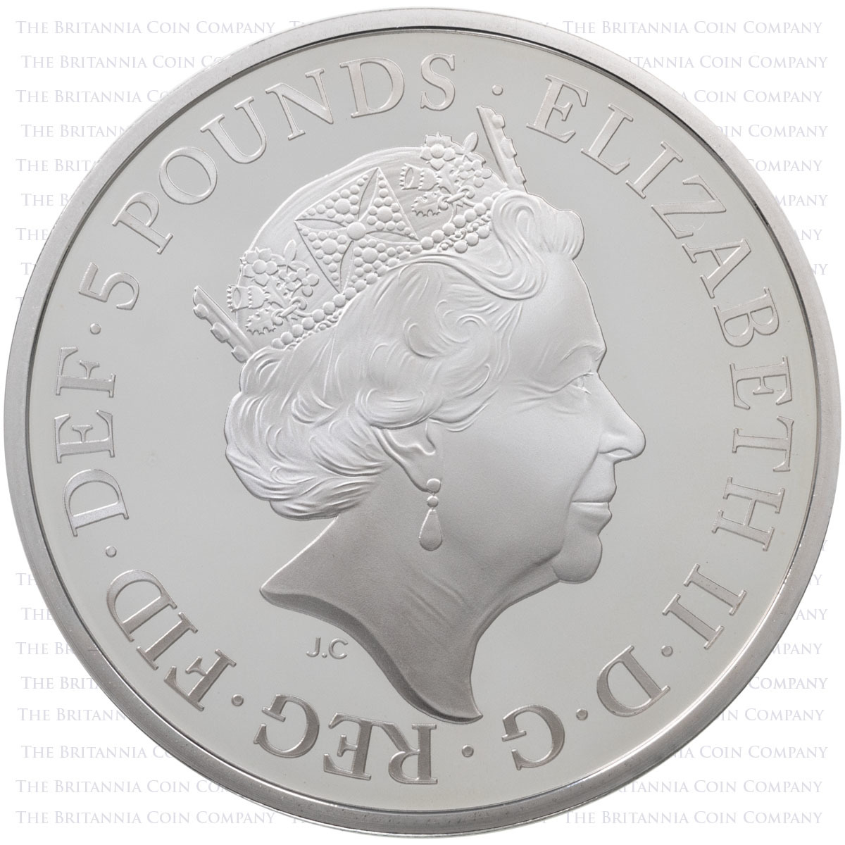 Uk18SCSP 2018 Coronation 65th Sapphire Anniversary Five Pound Crown Silver Proof Coin Obverse