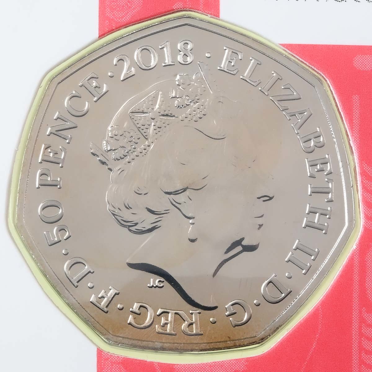 UK18TGBU 2018 Beatrix Potter Tailor Of Gloucester Fifty Pence Brilliant Uncirculated Coin In Folder Obverse