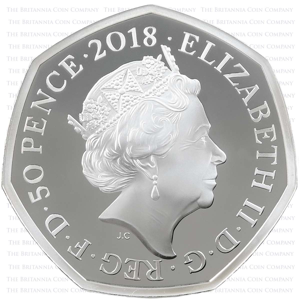 UK18TGSP 2018 Beatrix Potter The Tailor of Gloucester Fifty Pence Colour Printed Silver Proof Coin Obverse