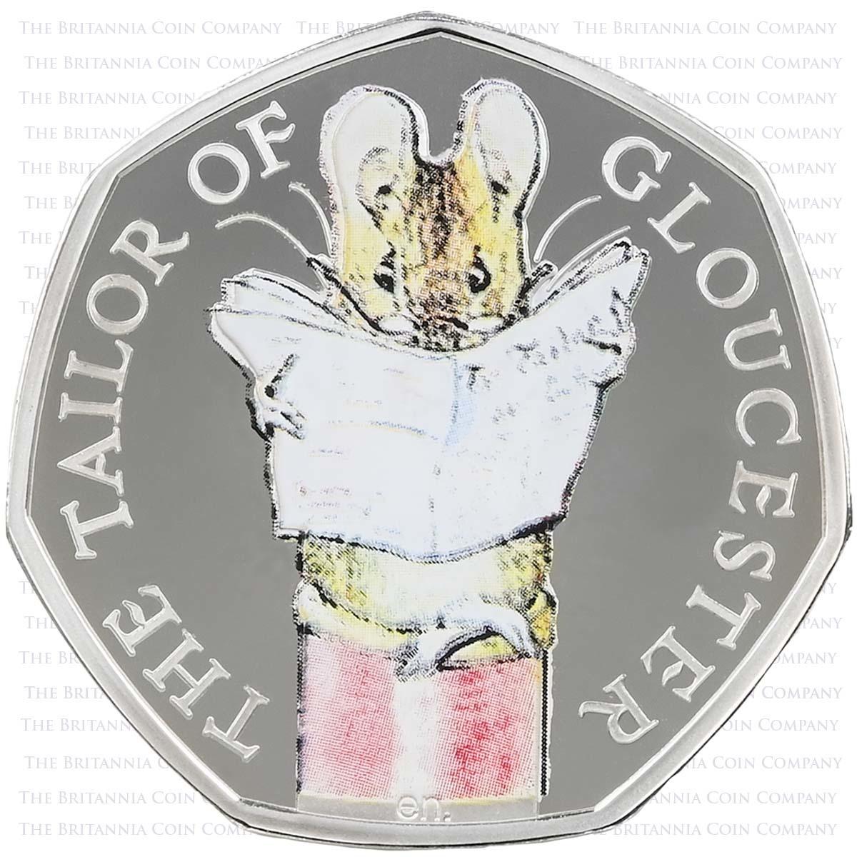 UK18TGSP 2018 Beatrix Potter The Tailor of Gloucester Fifty Pence Colour Printed Silver Proof Coin Reverse