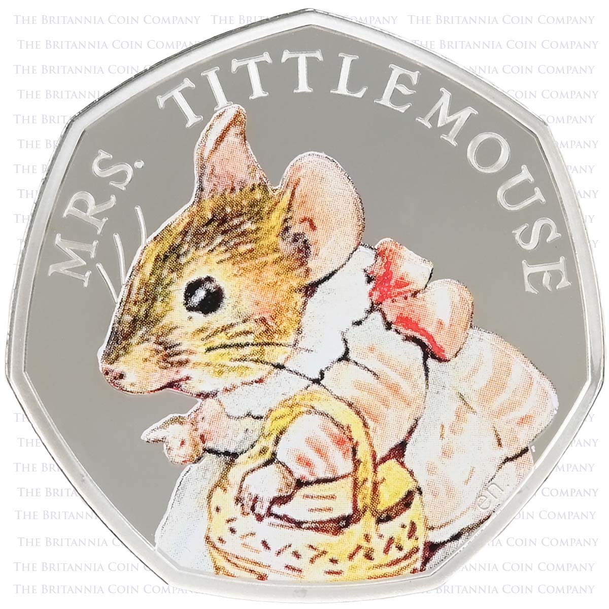UK18TMSP 2018 Beatrix Potter Mrs Tittlemouse Fifty Pence Colour Printed Silver Proof Coin Reverse