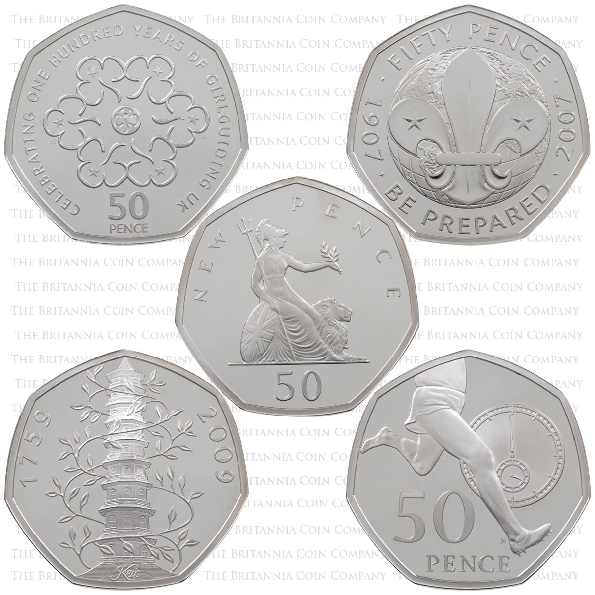UK195CPF 2019 British Culture Fifty Years Of The Fifty Pence Piedfort Silver Proof Five Coin Set Reverses