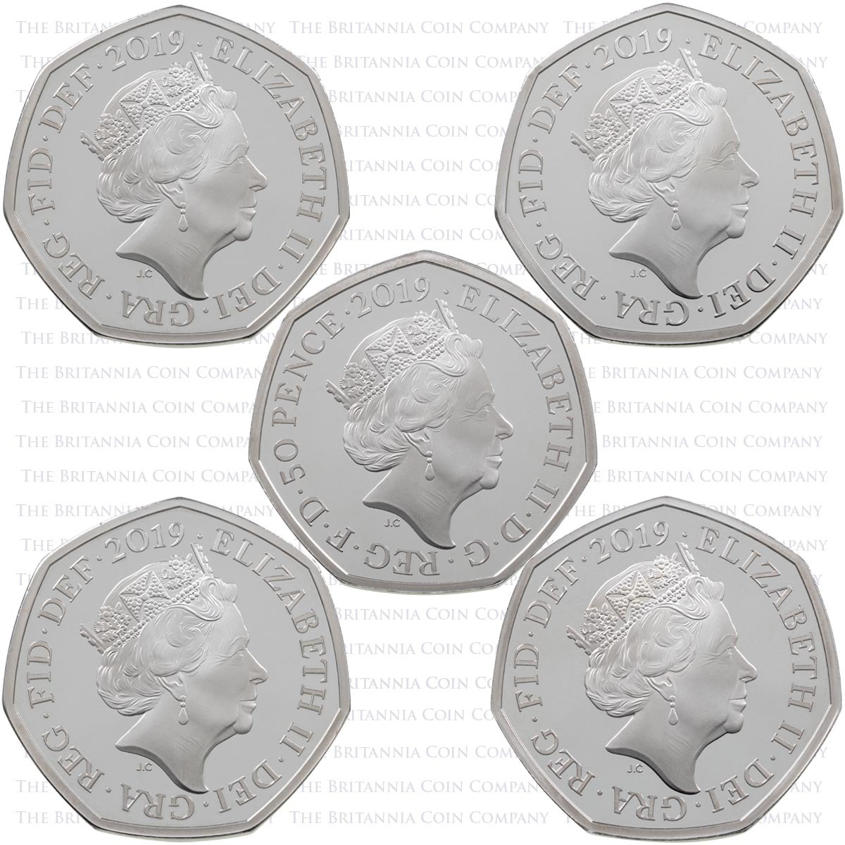 UK195CPF 2019 British Culture Fifty Years Of The Fifty Pence Piedfort Silver Proof Five Coin Set Obverses
