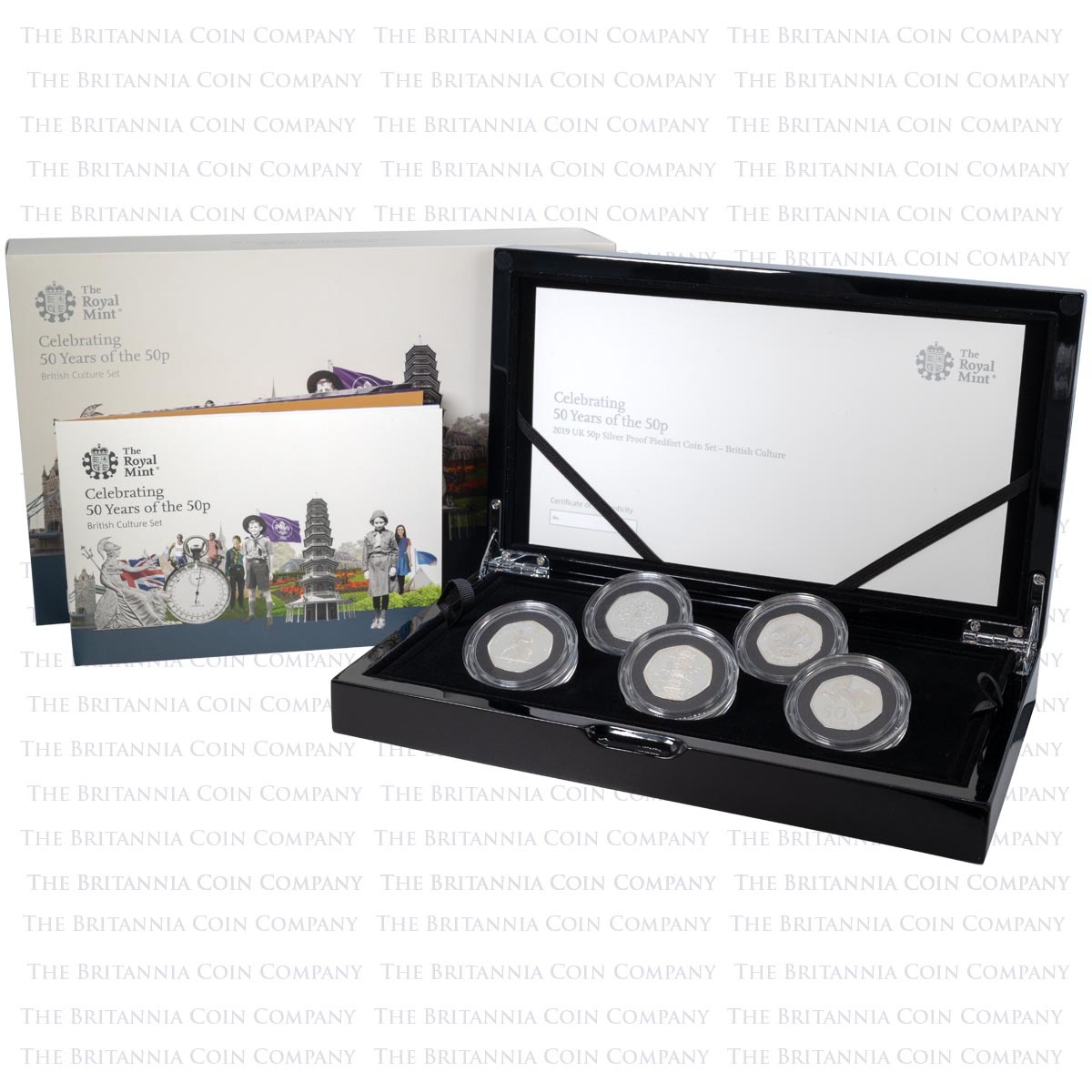 UK195CPF 2019 British Culture Fifty Years Of The Fifty Pence Piedfort Silver Proof Five Coin Set Boxed