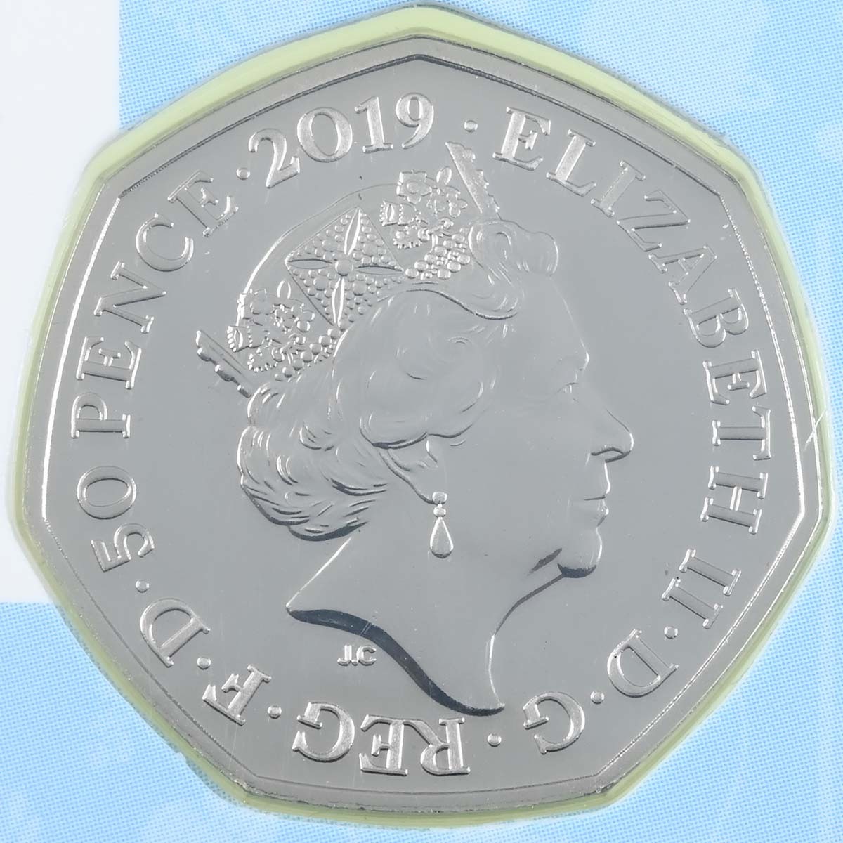 UK19PRBU 2019 Beatrix Potter Peter Rabbit Fifty Pence Brilliant Uncirculated Coin In Folder Obverse