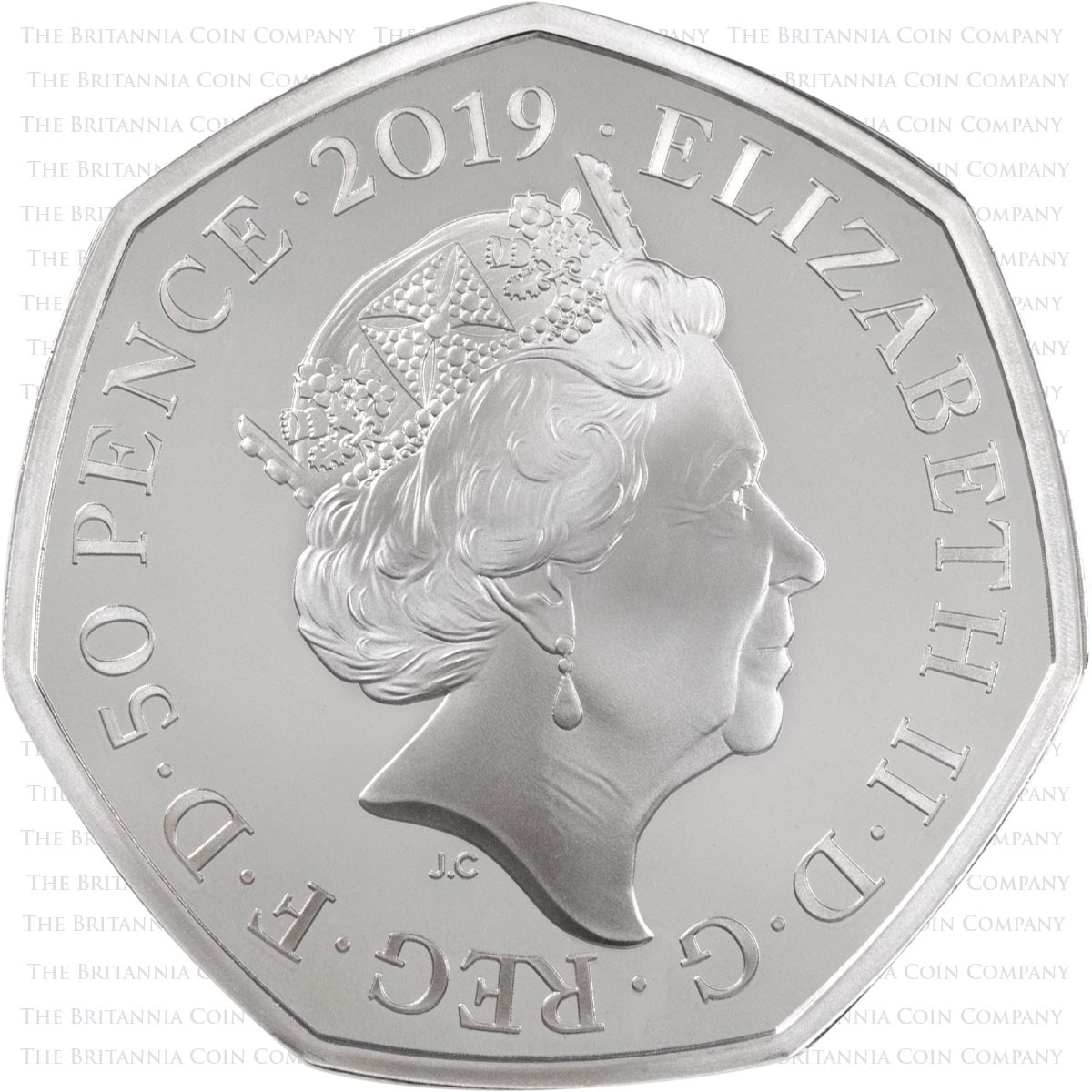 UK19PRSP 2019 Beatrix Potter Peter Rabbit Fifty Pence Colour Printed Silver Proof Coin Obverse