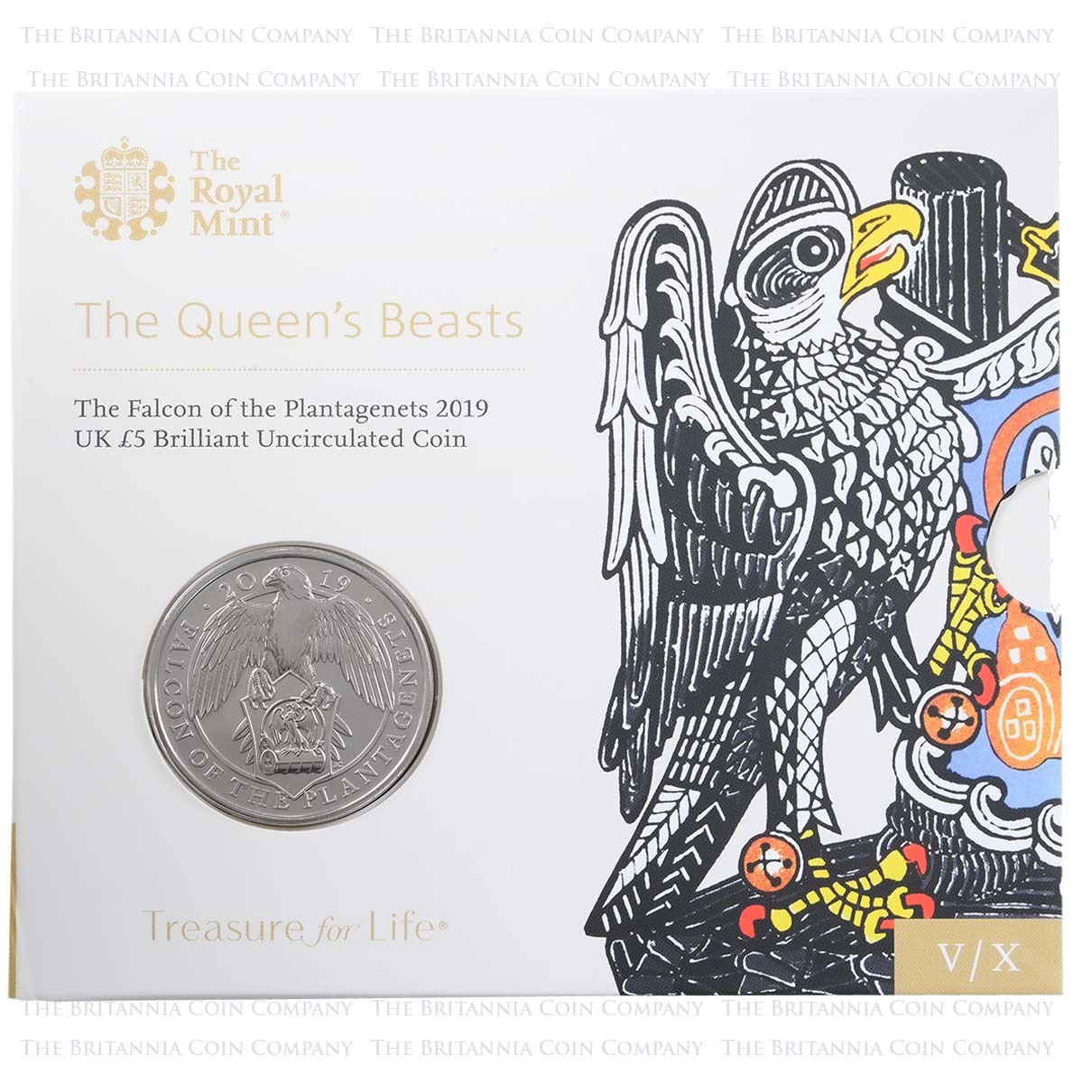 UK19QFBU 2019 Queen's Beasts Falcon Of The Plantagenets £5 Crown Brilliant Uncirculated In Folder Packaging