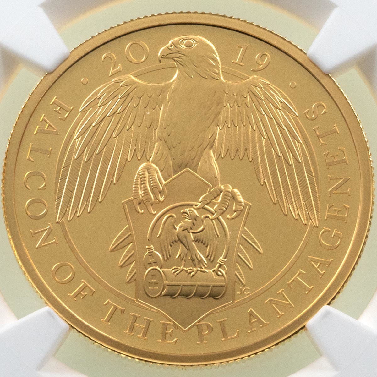 UK19QFGP 2019 Queen's Beasts Falcon Of The Plantagenets One Ounce Gold Proof Coin NGC Graded PF 69 Ultra Cameo Reverse
