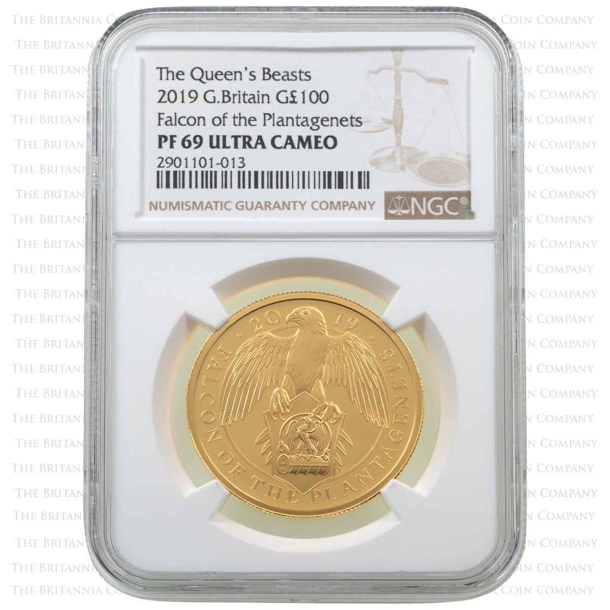 UK19QFBU 2019 Queen's Beasts Falcon Of The Plantagenets One Ounce Gold Proof Coin NGC Graded PF 69 Ultra Cameo Holder