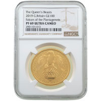 UK19QFGP 2019 Queen's Beasts Falcon Of The Plantagenets One Ounce Gold Proof Coin NGC Graded PF 69 Ultra Cameo Thumbnail