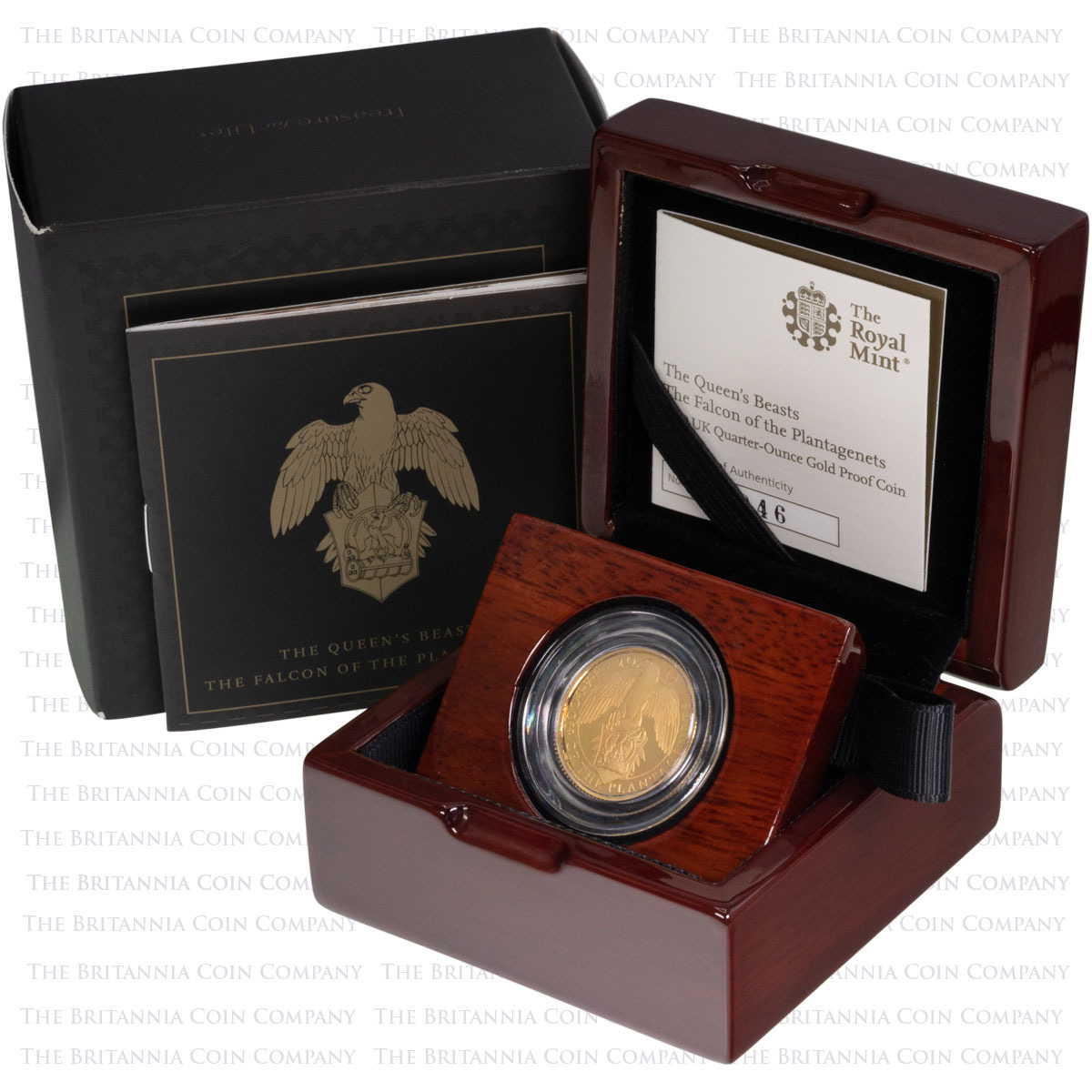 UK19QFQO 2019 Queen's Beasts Falcon Of The Plantagenets Quarter Ounce Gold Proof Coin Boxed