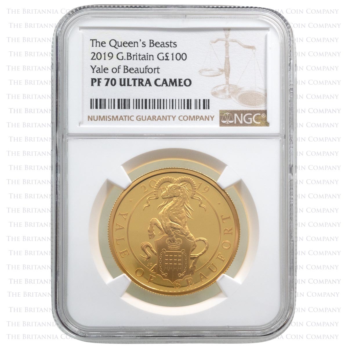 UK19QYGP 2019 Queen's Beasts Yale Of Beaufort One Ounce Gold Proof Coin NGC Graded PF 70 Ultra Cameo Holder
