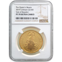 UK19QYGP 2019 Queen's Beasts Yale Of Beaufort One Ounce Gold Proof Coin NGC Graded PF 70 Ultra Cameo Thumbnail