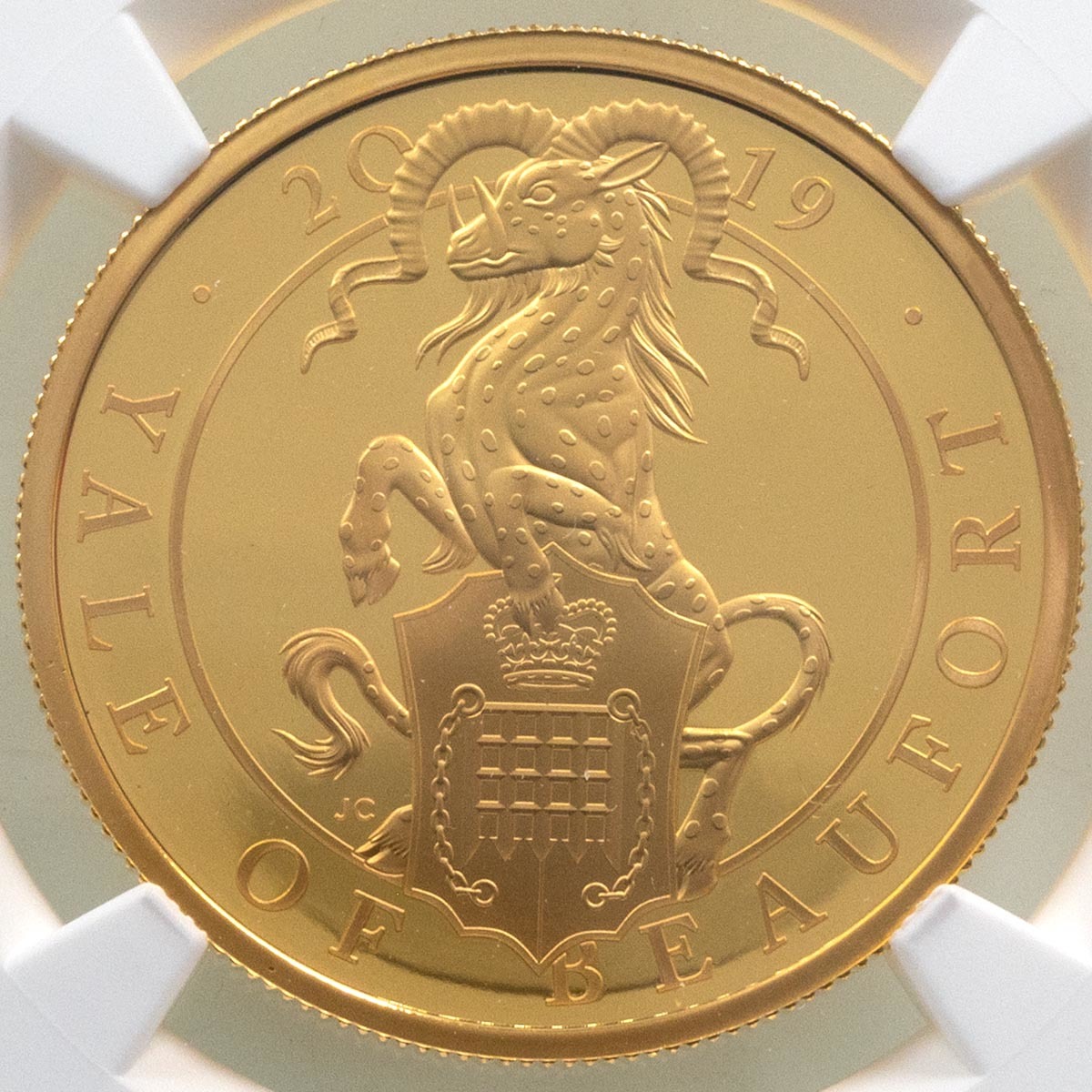 UK19QYGP 2019 Queen's Beasts Yale Of Beaufort One Ounce Gold Proof Coin NGC Graded PF 70 Ultra Cameo Reverse