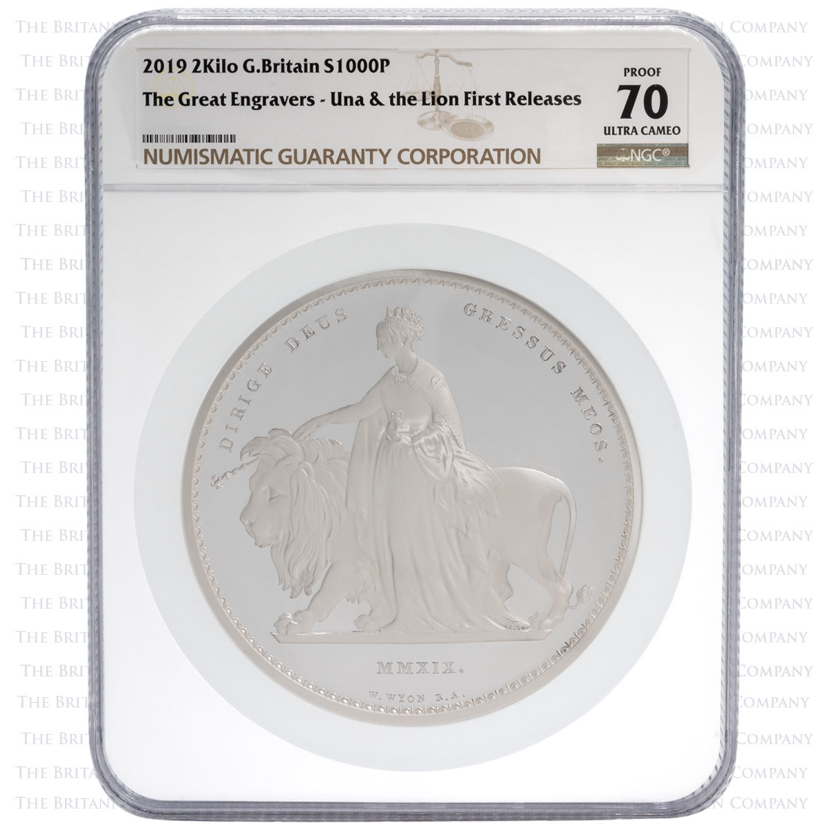 UK19UL2KS 2019 Great Engravers Una And The Lion Two Kilogram Silver Proof Coin NGC Graded PF 70 Ultra Cameo Reverse