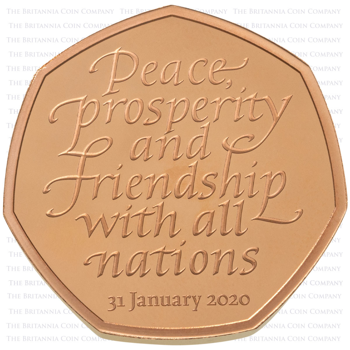 UK20BGPF 2020 Brexit EU European Union Withdrawal Peace Prosperity And Friendship Fifty Pence Piedfort Gold Proof Coin Reverse