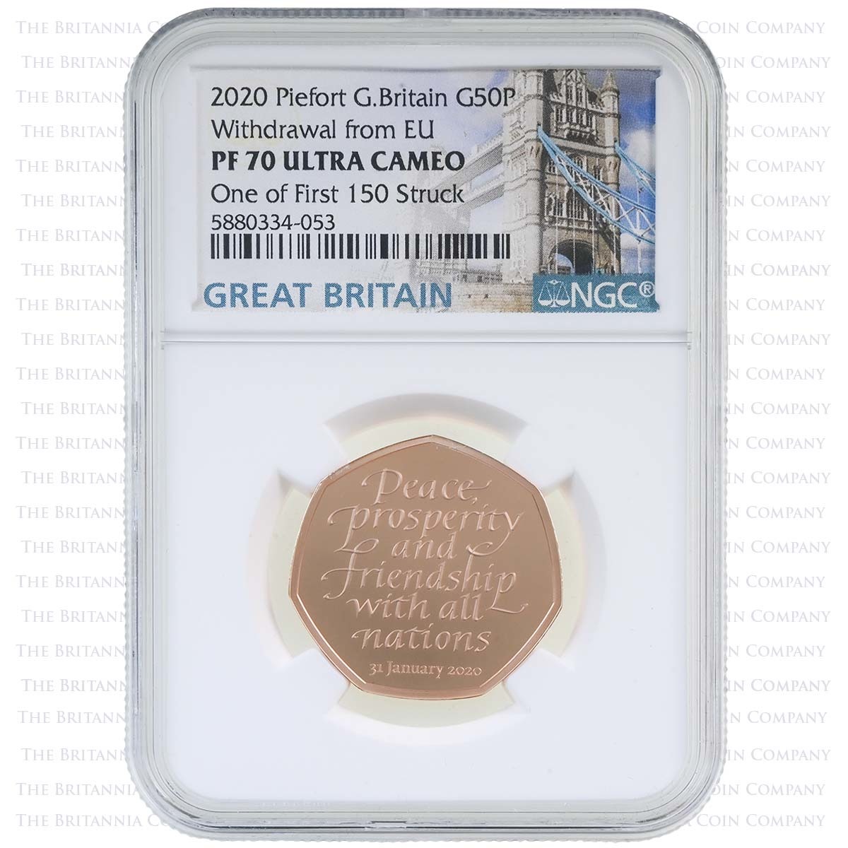 UK20BWGP-PF70 2020 Brexit 50p Piedfort Gold Proof PF 70 Ultra Cameo First 150 Holder