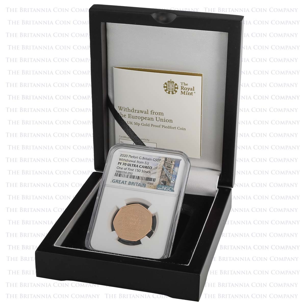 UK20BWGP-PF70 2020 Brexit 50p Piedfort Gold Proof PF 70 Ultra Cameo First 150 Boxed