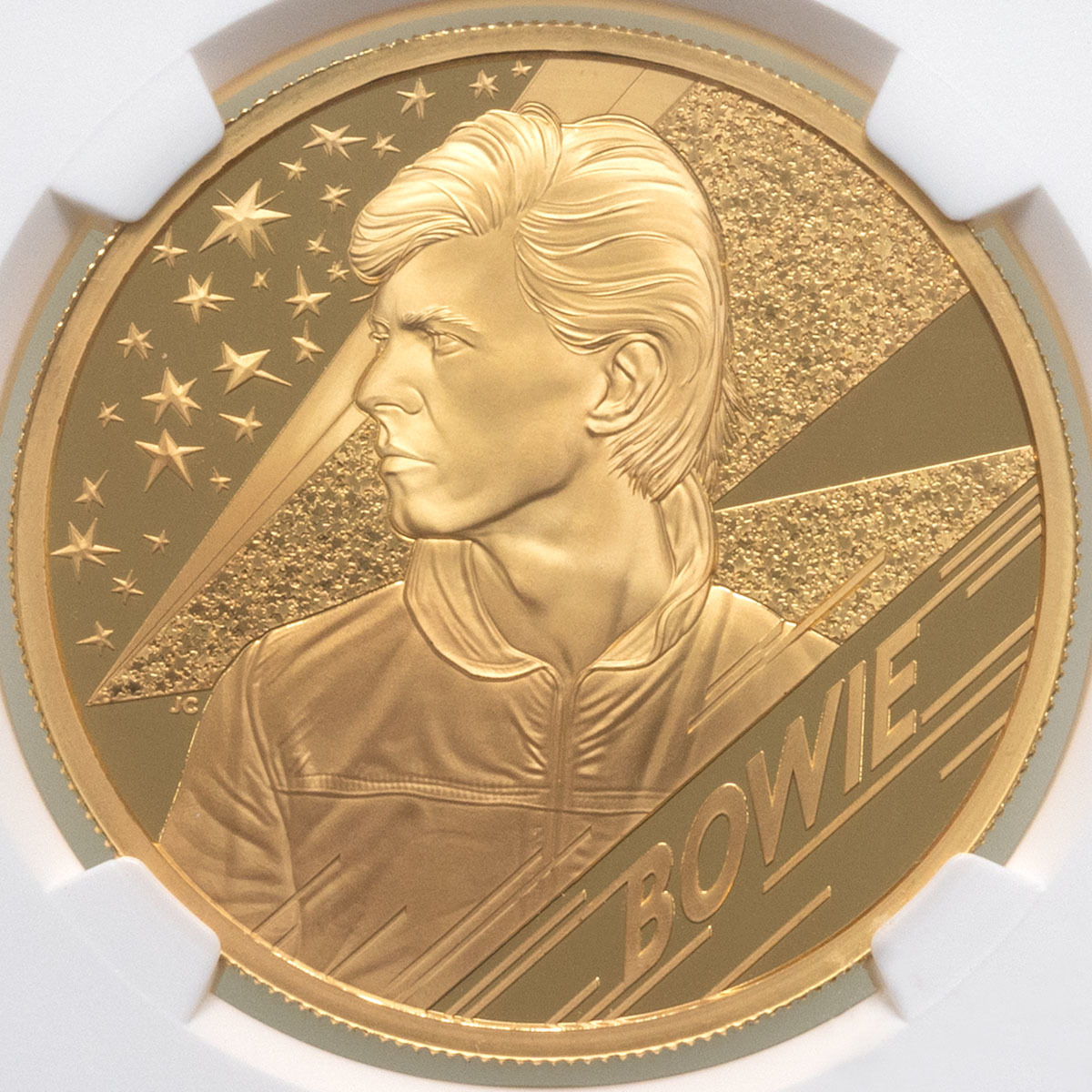 UK20DB2G 2020 Music Legends David Bowie Two Ounce Gold Proof Coin NGC Graded PF 70 Ultra Cameo First Releases Reverse