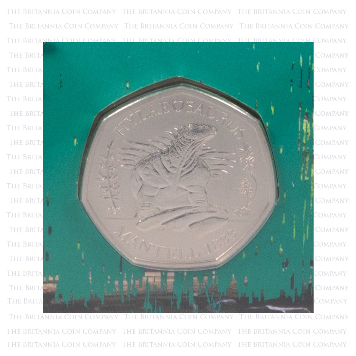 2020 Brilliant Uncirculated Fifty Pence Coin from the Dinosauria series, highlighting the Hylaeosaurus a reverse design which was created by Robert Nicholls