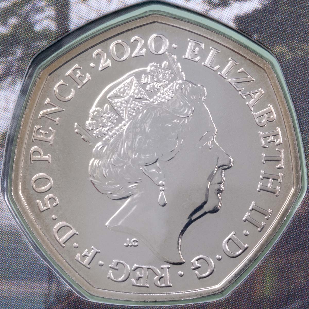UK20IBUC 2020 Iguanodon Dinosauria Fifty Pence Brilliant Uncirculated Coin In Folder Obverse