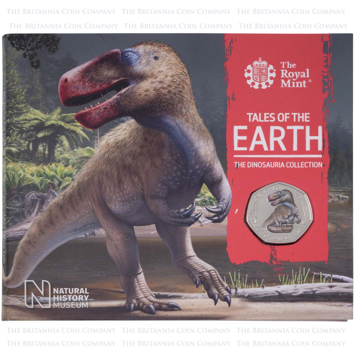 2020 Dinosauria Megalosaurus Fifty Pence Brilliant Uncirculated Coin In Folder Packaging