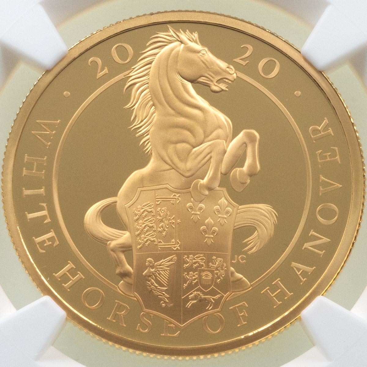 UK20QHGP 2020 Queen's Beasts White Horse Of Hanover One Ounce Gold Proof Coin NGC Graded PF 69 Ultra Cameo Reverse