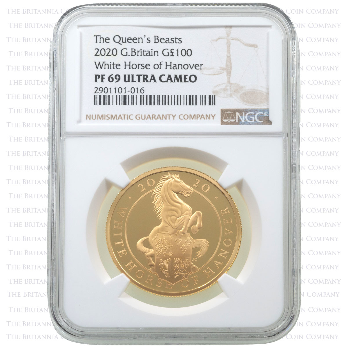 UK20QHGP 2020 Queen's Beasts White Horse Of Hanover One Ounce Gold Proof Coin NGC Graded PF 69 Ultra Cameo Holder