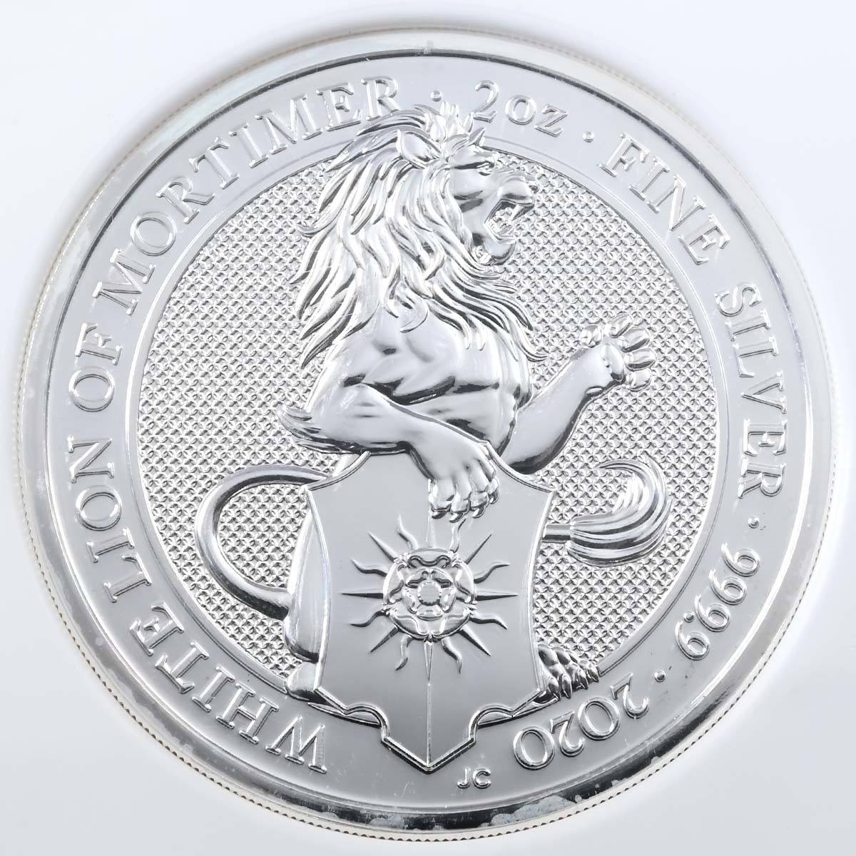 2020 Queen's Beasts White Lion of Mortimer 2 Ounce Silver MS 61 First Releases Reverse