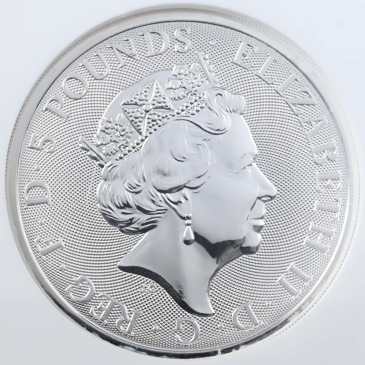 2020 Queen's Beasts White Lion of Mortimer 2 Ounce Silver MS 61 First Releases Obverse