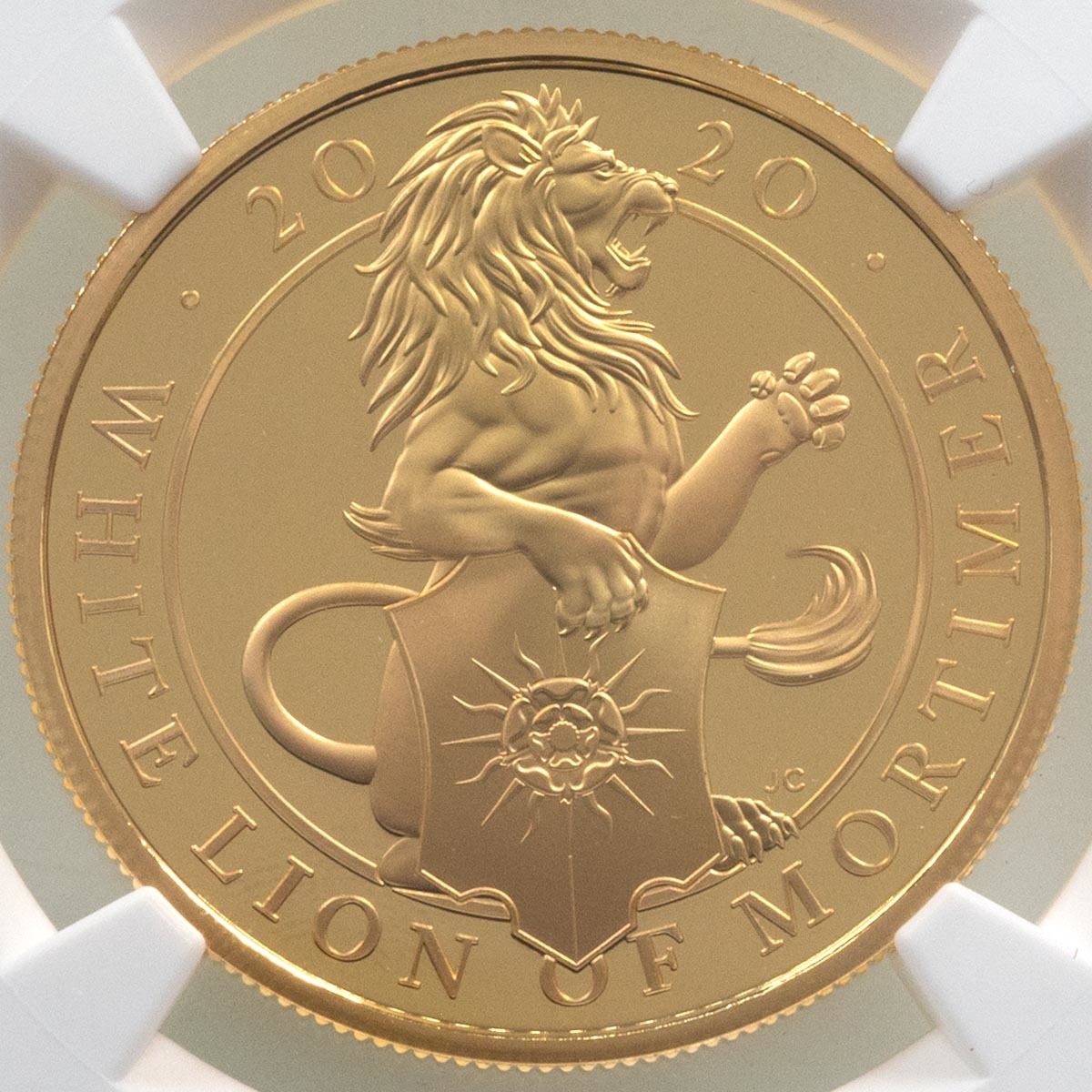 Uk20QWGP 2020 Queen's Beasts White Lion Of Mortimer One Ounce Gold Proof Coin NGC Graded PF 70 Ultra Cameo Reverse