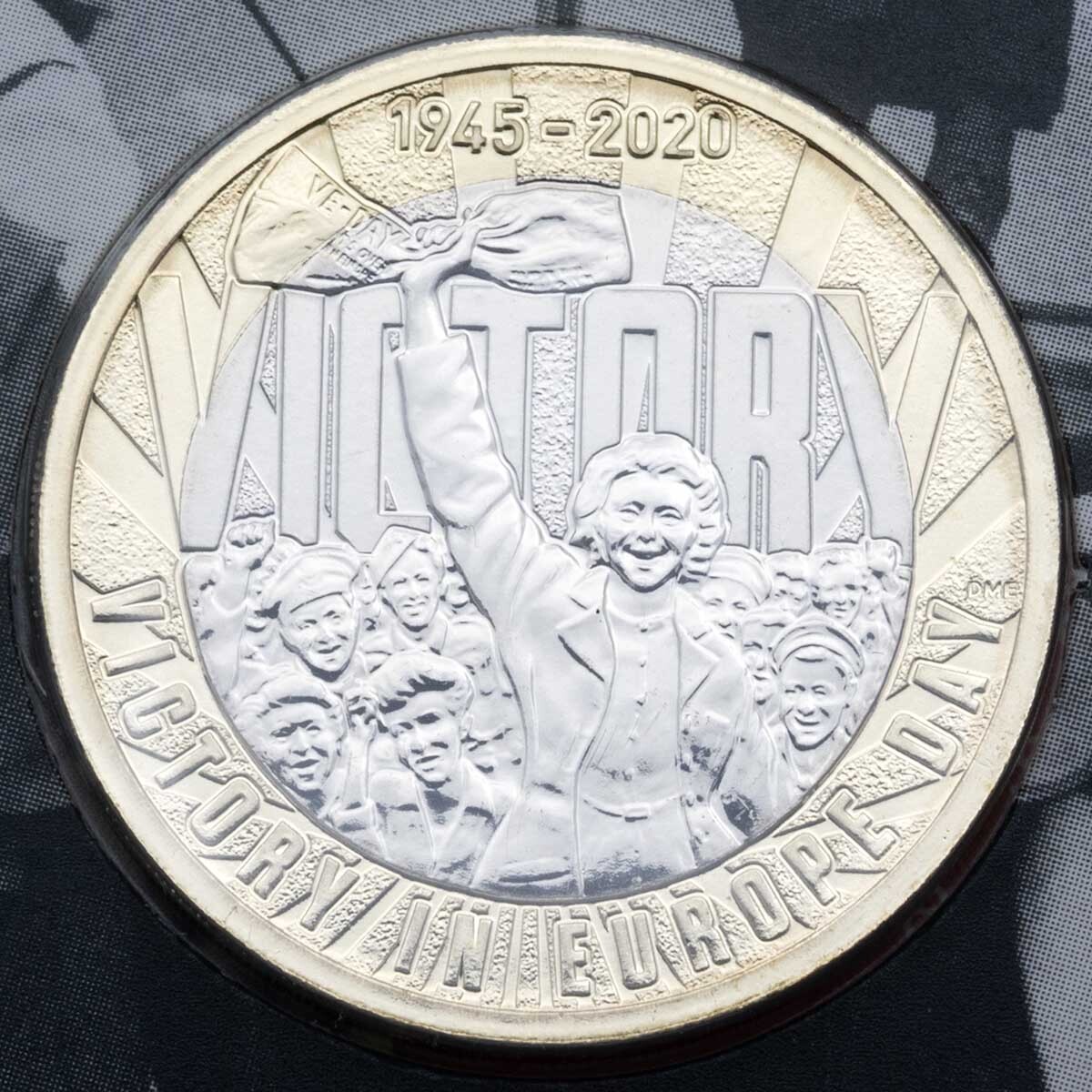 Reverse of Royal Mint UK20VEBU 2020 VE Day Two Pound Brilliant Uncirculated Mint Pack Coin