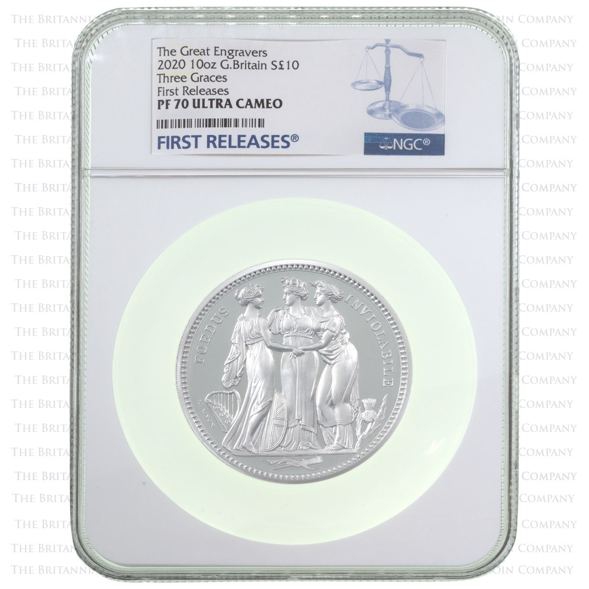 UK20WW10S 2020 Great Engravers Three Graces Ten Ounce Silver Proof Coin NGC Graded PF 70 Ultra Cameo First Releases Holder