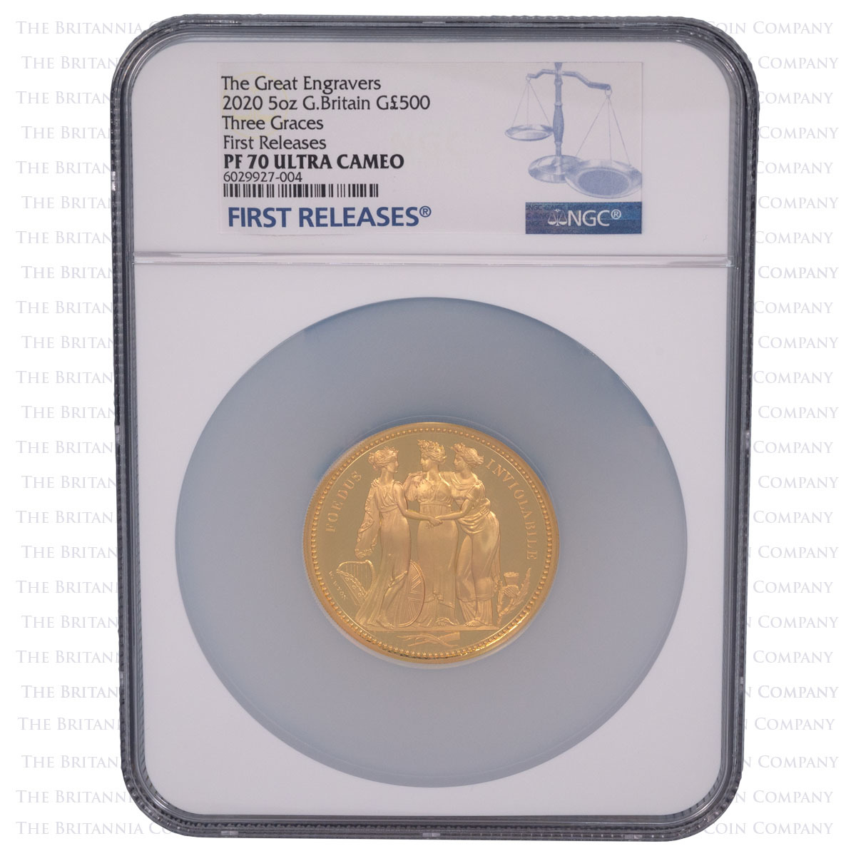 UK20WW5G 2020 Great Engravers Three Graces Five Ounce Gold Proof PF 70 Ultra Cameo First Releases Reverse