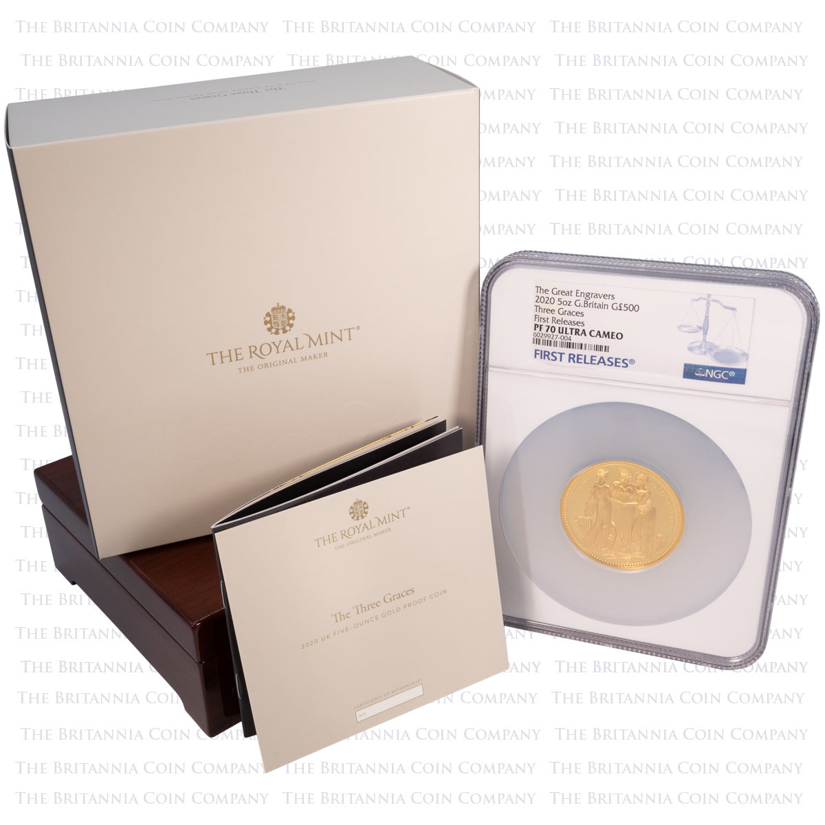 UK20WW5G 2020 Great Engravers Three Graces Five Ounce Gold Proof PF 70 Ultra Cameo First Releases With Box