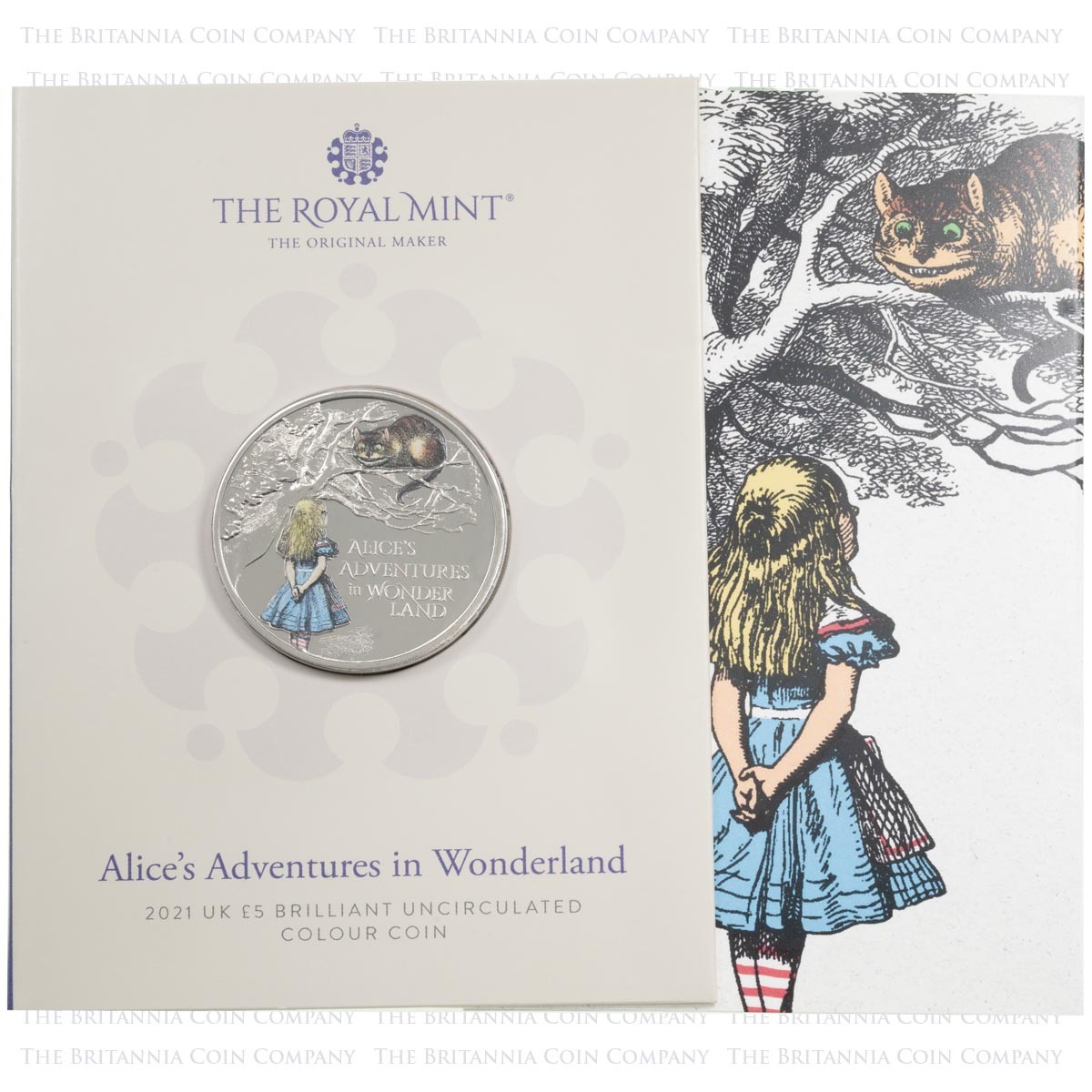 UK21AWBU 2021 Alice In Wonderland Five Pound Coloured Brilliant Uncirculated Coin In Folder