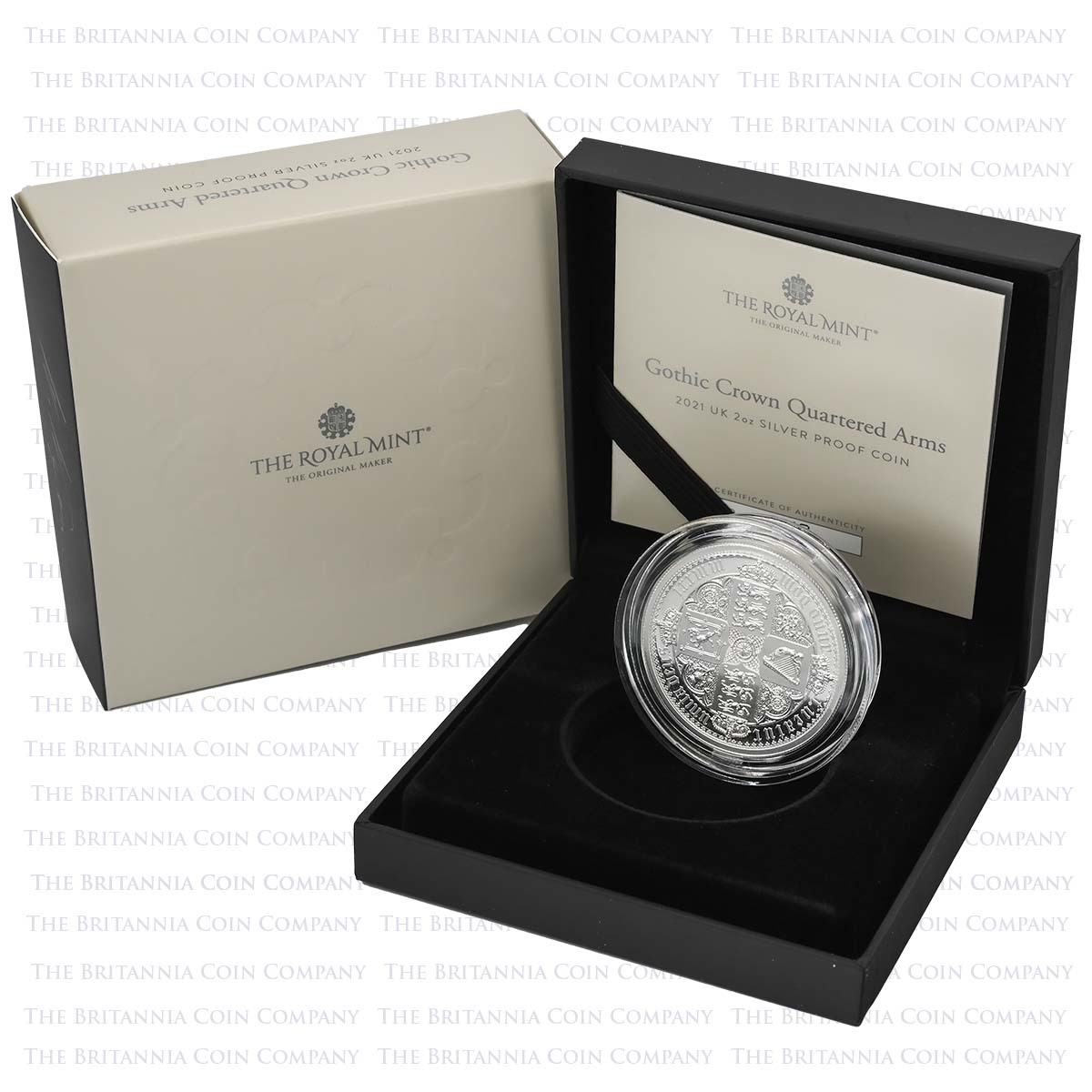 UK21GR2S 2021 Great Engravers Gothic Crown Quartered Arms 2 Ounce Silver Proof Boxed