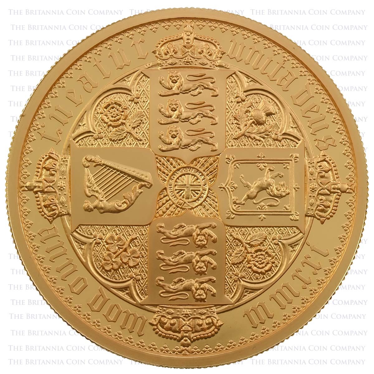 UK21GR5T 2021 Great Engravers Gothic Crown Quartered Arms 5 Ounce Gold Proof Reverse.