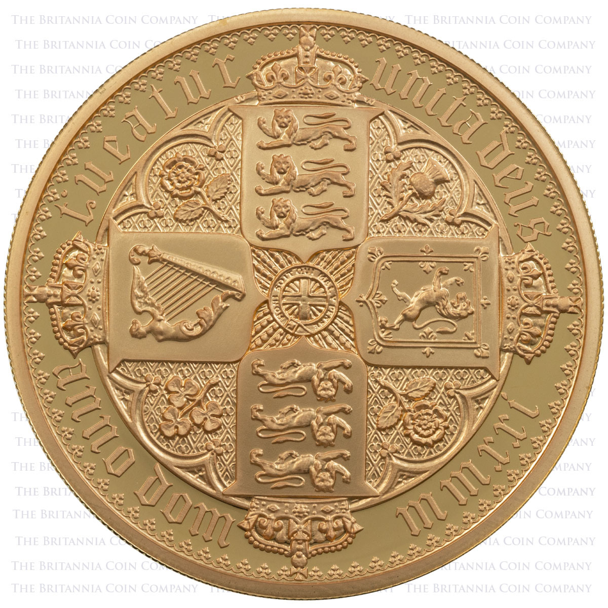 UK21GR5T 2021 Great Engravers Gothic Quartered Arms Five Ounce Gold Proof Coin Reverse