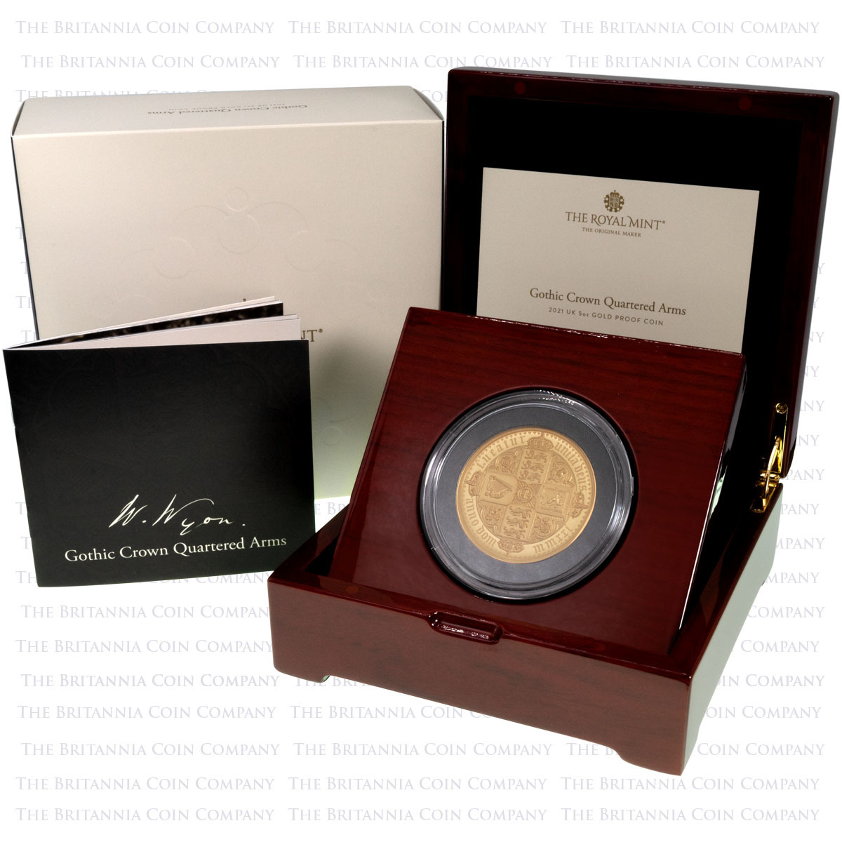 UK21GR5T 2021 Great Engravers Gothic Quartered Arms Five Ounce Gold Proof Coin Boxed