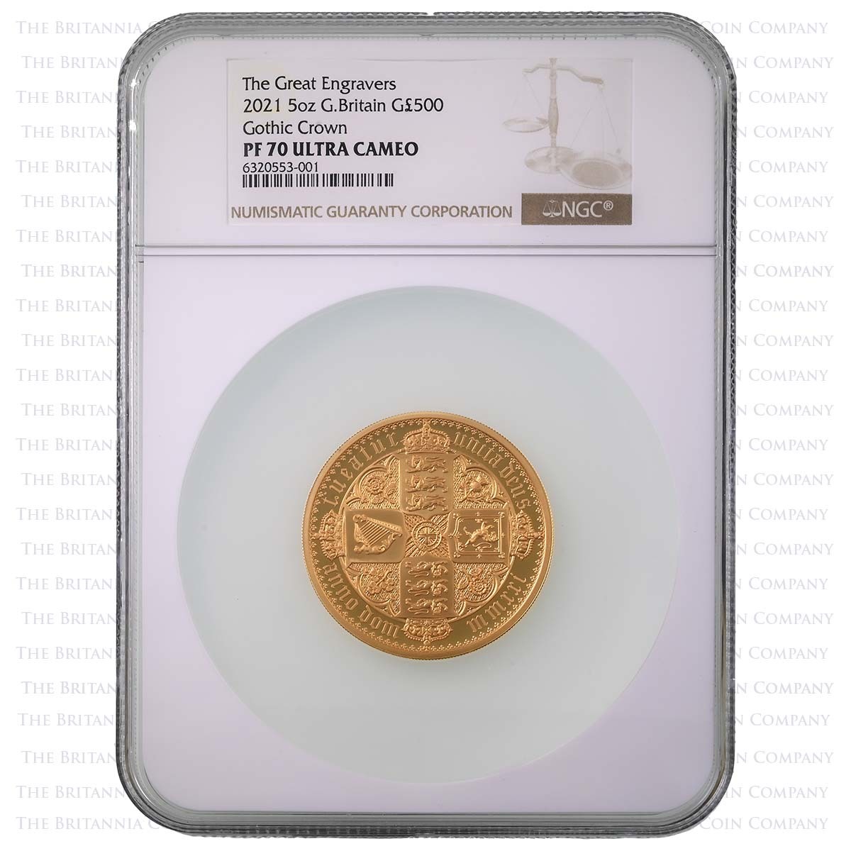 2021 Great Engravers Gothic Quartered Arms Five Ounce Gold Proof Coin NGC Graded PF 70 Ultra Cameo Holder