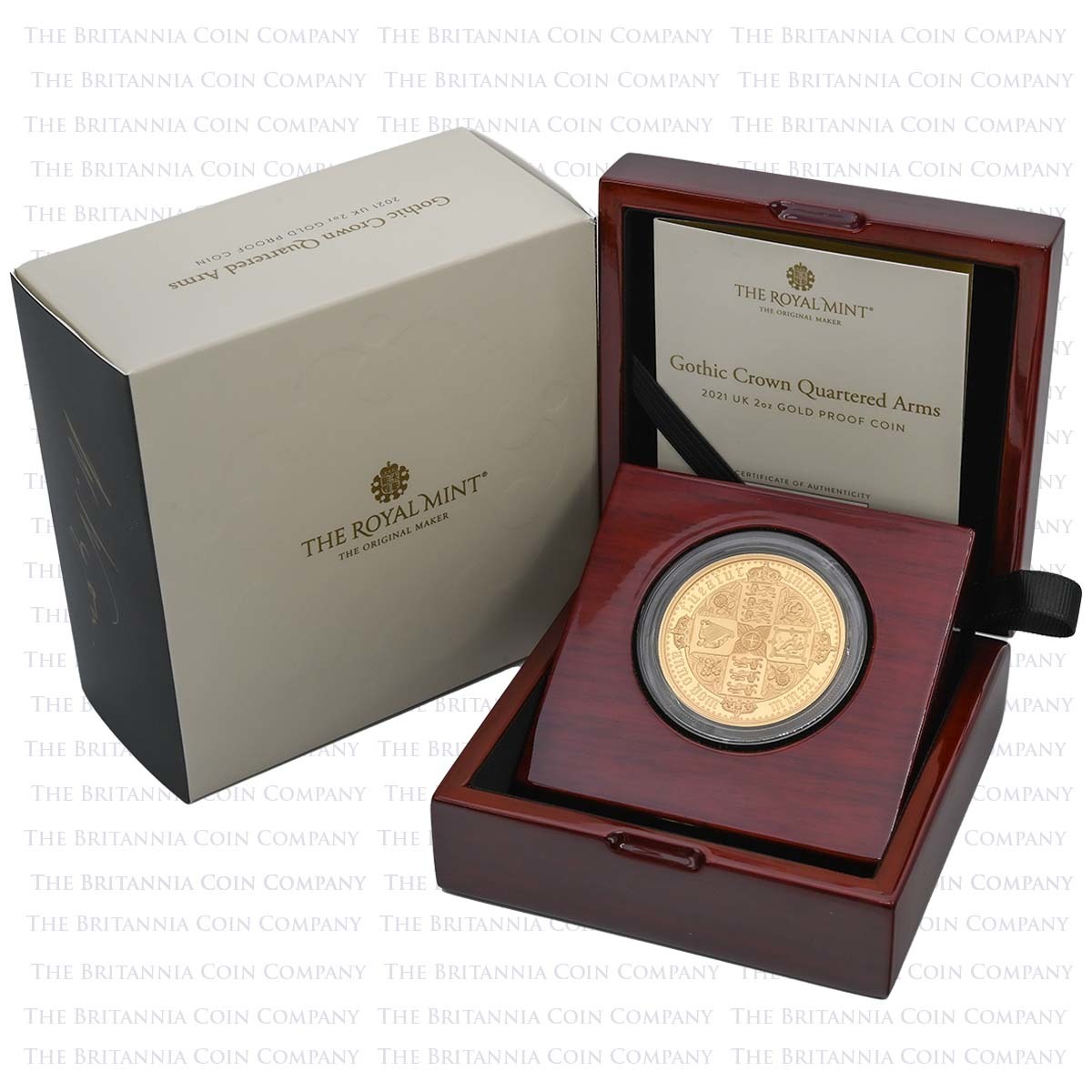 UK21GRG2 2021 Great Engravers Gothic Crown Quartered Arms 2 Ounce Gold Proof Boxed