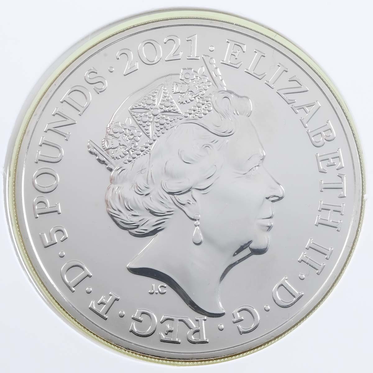 UK21M1BC1 2021 Mr Men Mr Happy Five Pound Crown Coloured Brilliant Uncirculated Coin In Folder Obverse