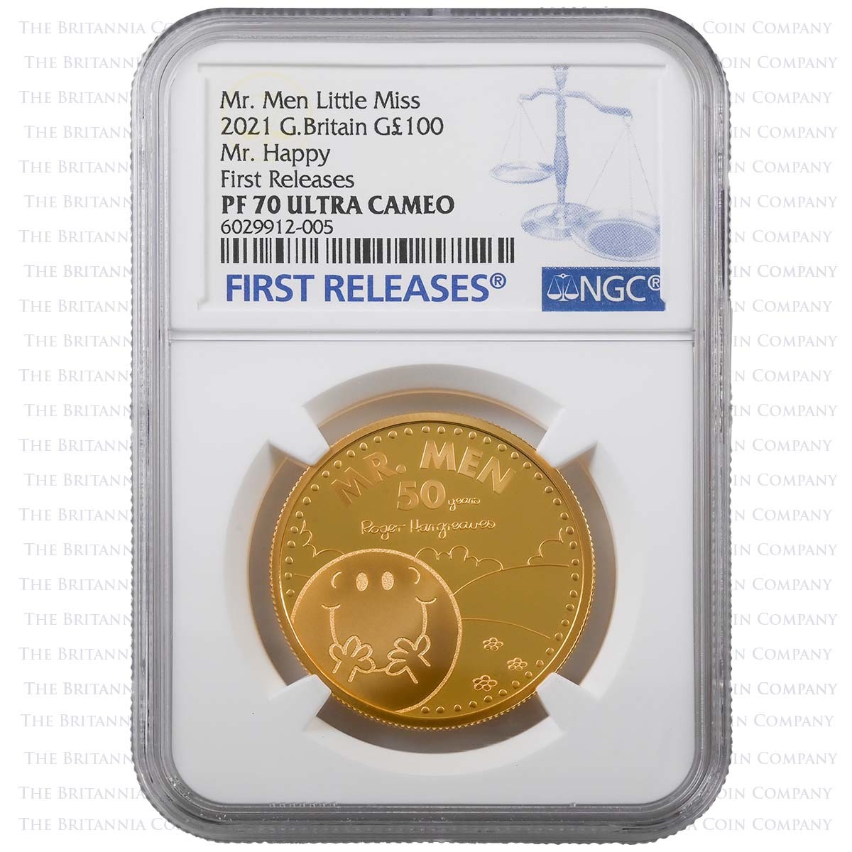 UK21M1GP 2021 Mr Happy 1 Ounce Gold Proof PF 70 First Releases Graded