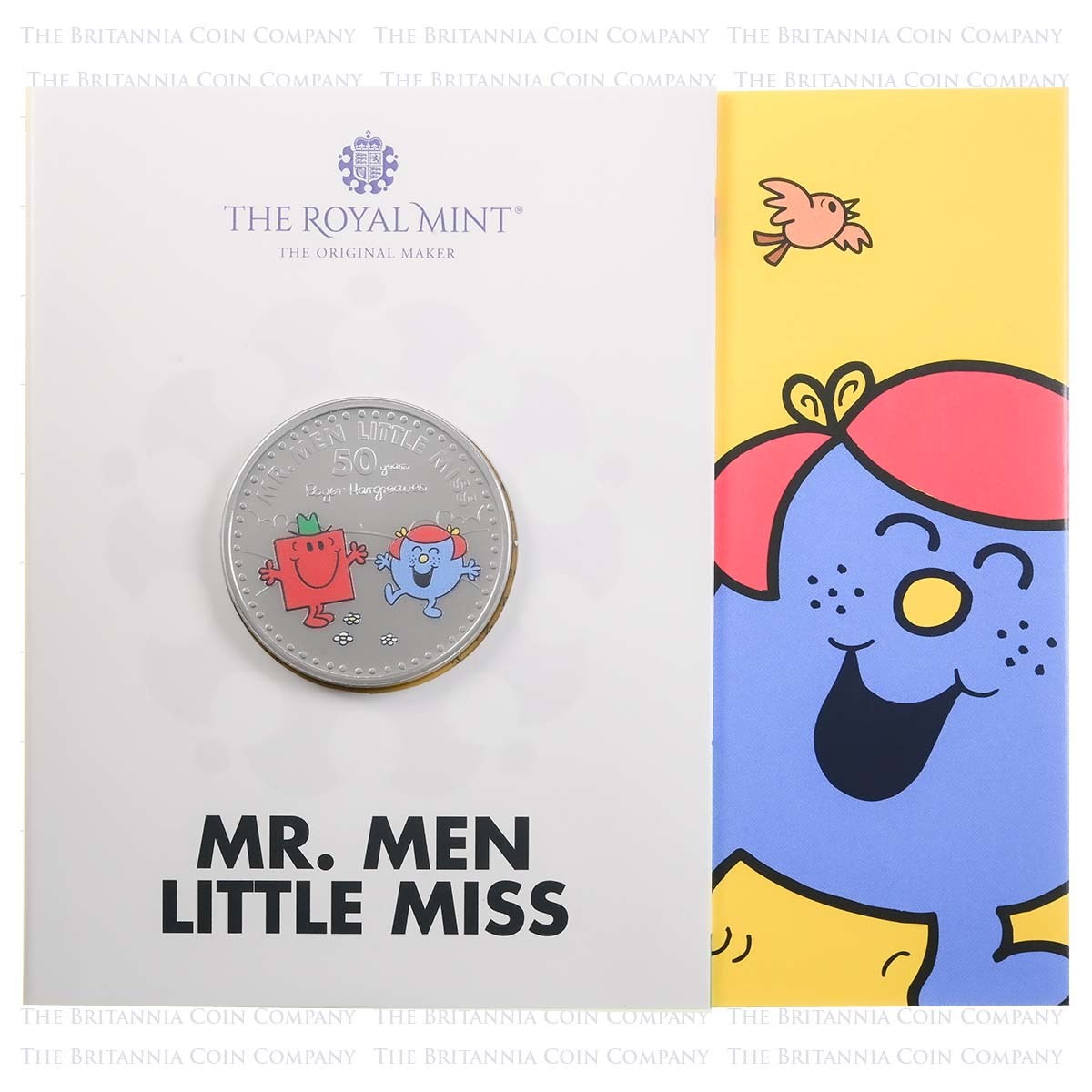UK21M2BC1 2021 Mr Men Mr Strong And Little Miss Giggles Five Pound Crown Coloured Brilliant Uncirculated Coin In Folder