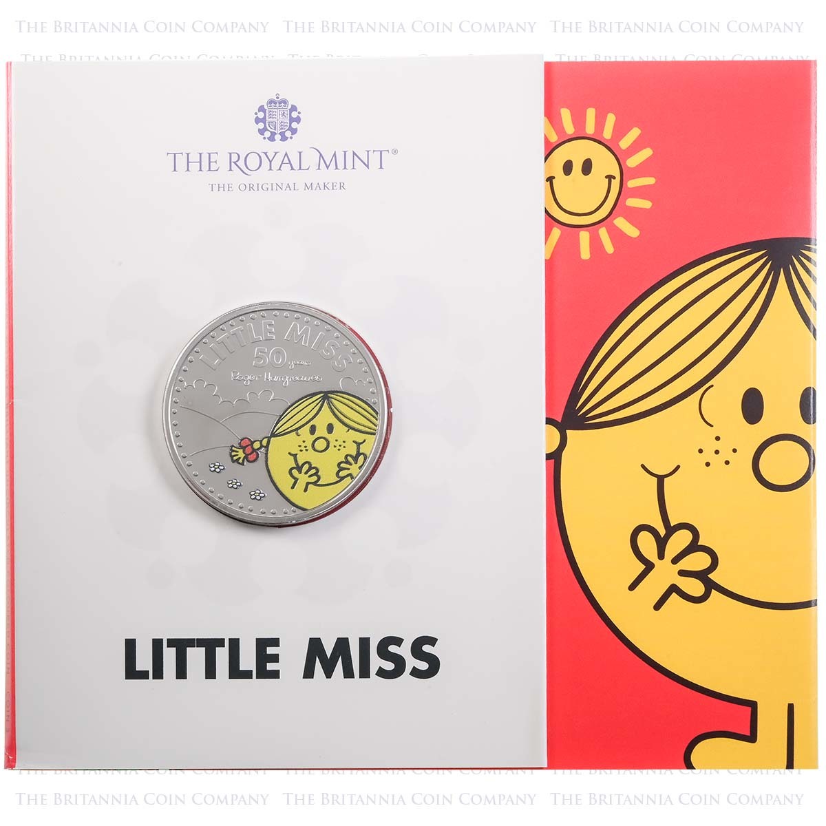 UK21M3BC1 2021 Mr Men Little Miss Sunshine Five Pound Crown Coloured Brilliant Uncirculated Coin In Folder