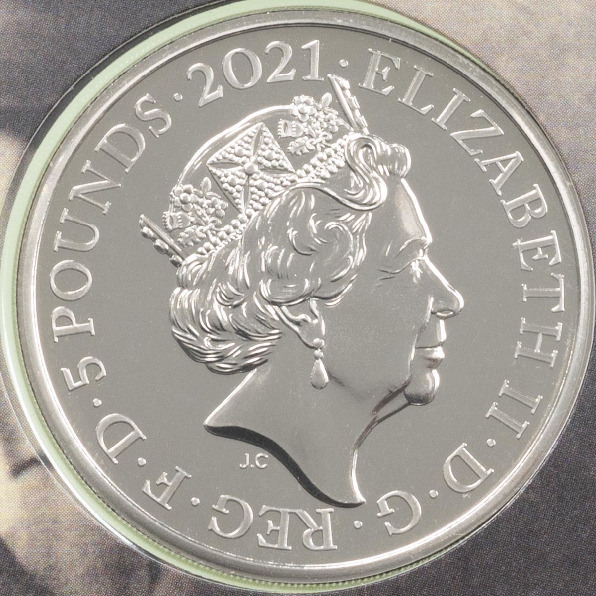 UK21MGBU 2021 Mahatma Gandhi Five Pound Brilliant Uncirculated Coin In Folder Obverse