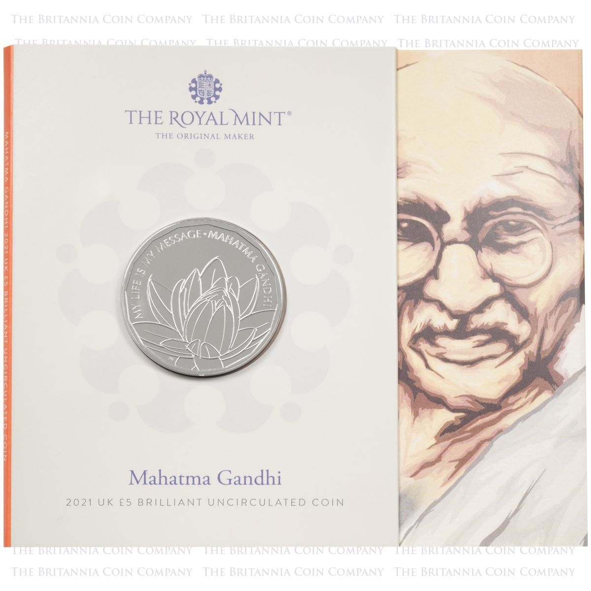 UK21MGBU 2021 Mahatma Gandhi Five Pound Brilliant Uncirculated Coin In Folder